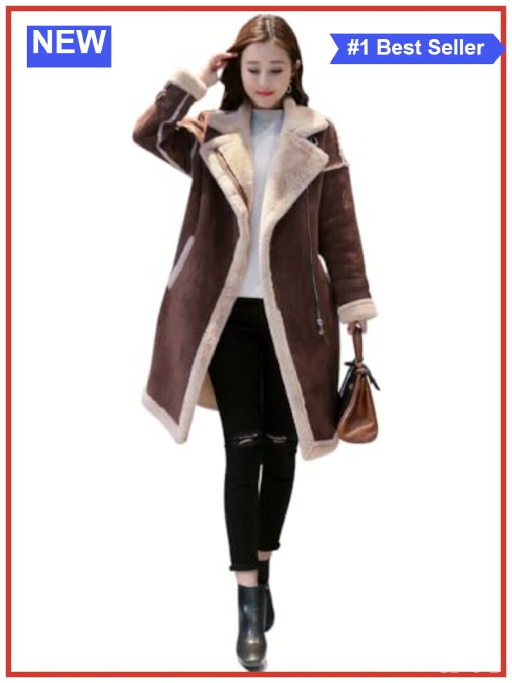 Genuine Suede Shearling Lined Double Breasted Long Winter Coat